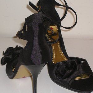 LUICHINY Black Fabric Rose Accent Dual Strap Heel